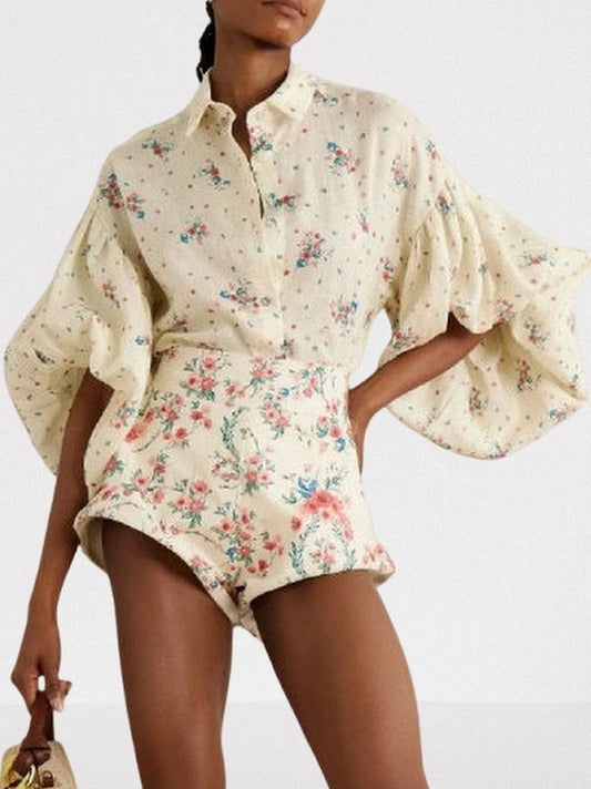 Floral Print Puff-Sleeve Linen Blouse and Short Set - Suits & Sets