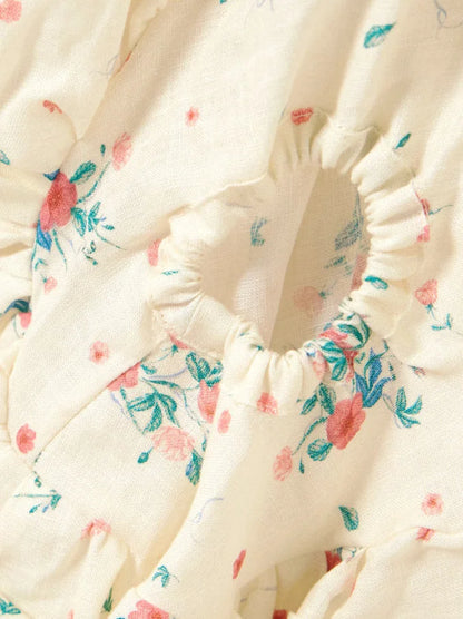 Floral Print Puff-Sleeve Linen Blouse and Short Set - Suits & Sets