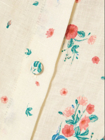 Floral Print Puff-Sleeve Linen Blouse and Short Set - Suits & Sets