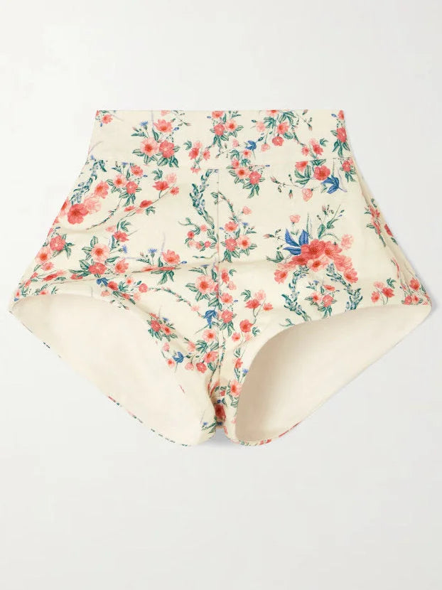 Floral Print Puff-Sleeve Linen Blouse and Short Set - Suits & Sets