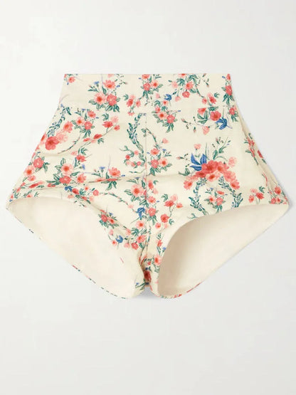 Floral Print Puff-Sleeve Linen Blouse and Short Set - Suits & Sets