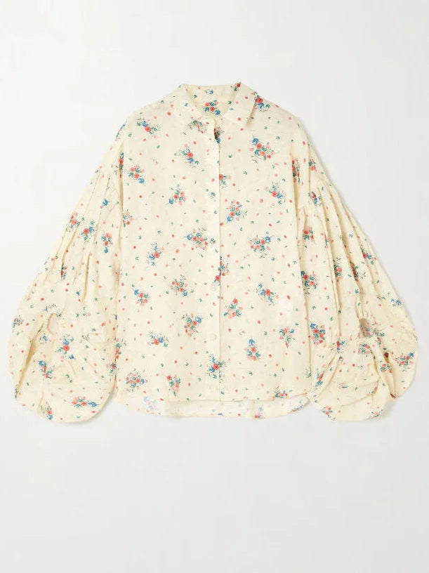 Floral Print Puff-Sleeve Linen Blouse and Short Set - Suits & Sets