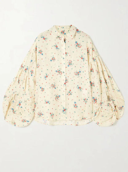 Floral Print Puff-Sleeve Linen Blouse and Short Set - Suits & Sets