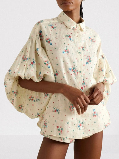 Floral Print Puff-Sleeve Linen Blouse and Short Set - Suits & Sets