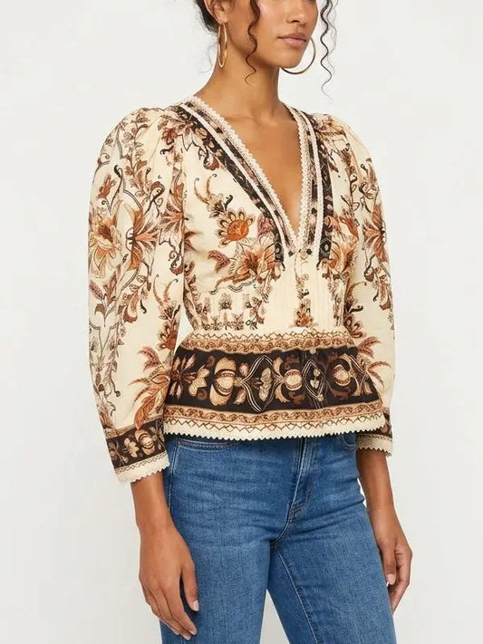 Floral Print Puff Sleeve Peplum Blouse with Lace Trim - Tops