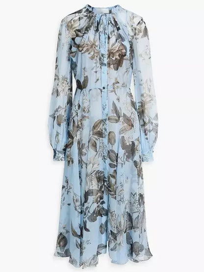 Floral Print Silk Chiffon Midi Dress in Light Blue