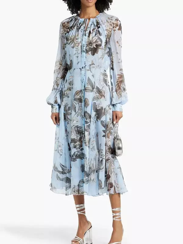 Floral Print Silk Chiffon Midi Dress in Light Blue