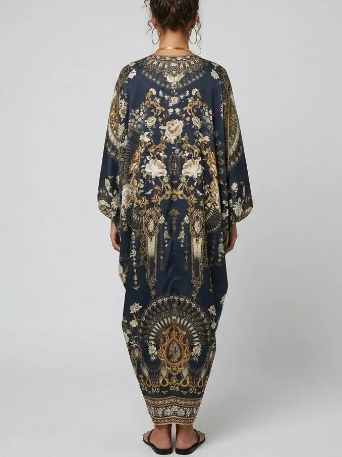 Floral Print Silk Maxi Kaftan Dress - One size - Dresses