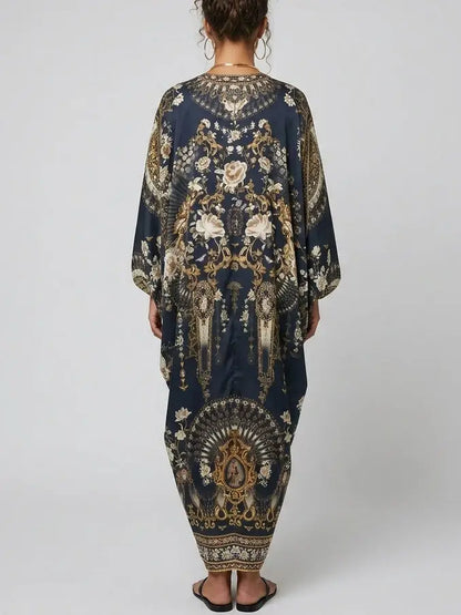 Floral Print Silk Maxi Kaftan Dress - One size - Dresses