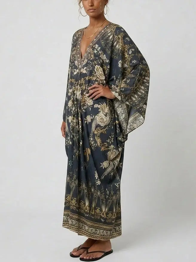 Floral Print Silk Maxi Kaftan Dress - One size - Dresses