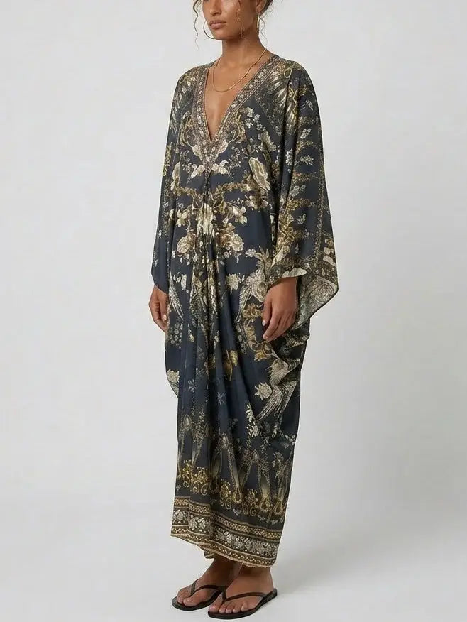 Floral Print Silk Maxi Kaftan Dress - One size - Dresses