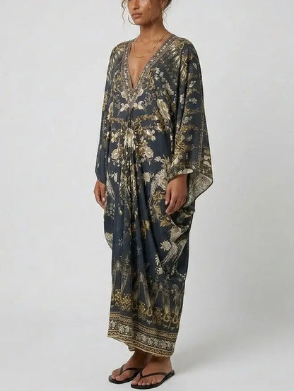 Floral Print Silk Maxi Kaftan Dress - One size - Dresses