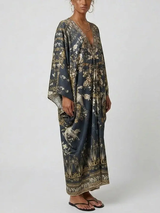 Floral Print Silk Maxi Kaftan Dress - One size - Dresses