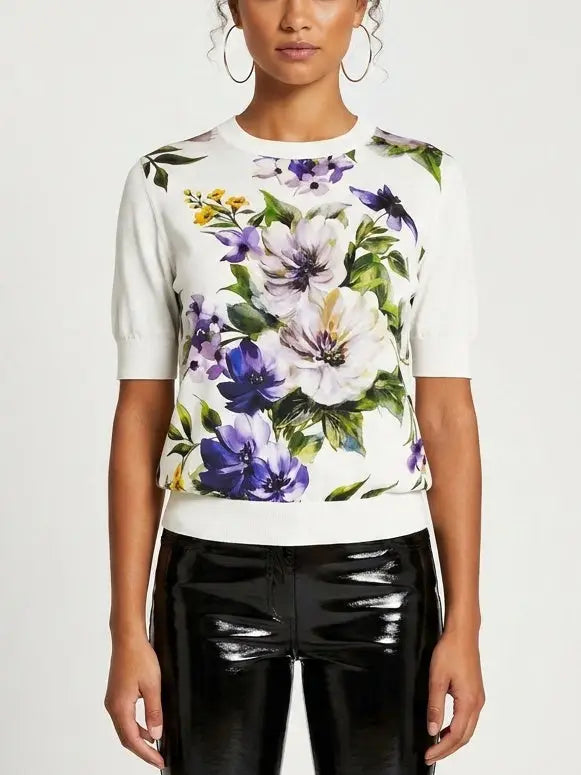Floral Print Silk and Wool Knit Top - S / White - Tops
