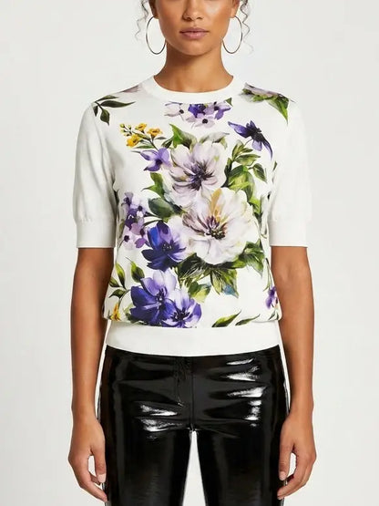 Floral Print Silk and Wool Knit Top - S / White - Tops