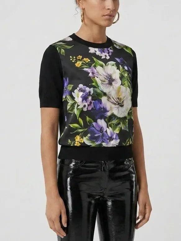 Floral Print Silk and Wool Knit Top - Tops