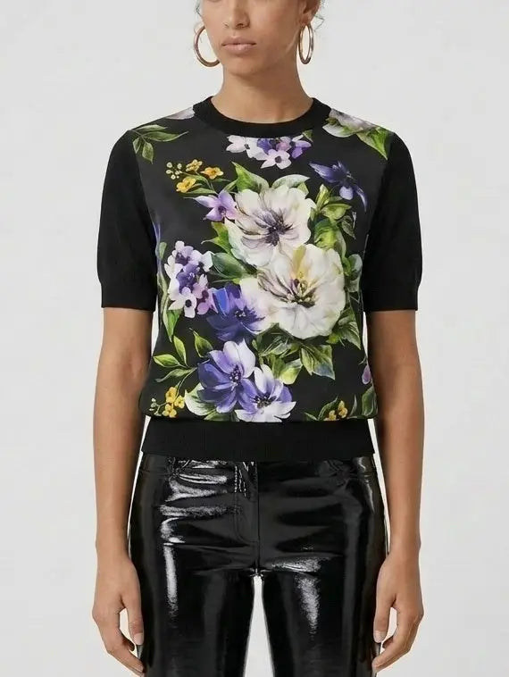 Floral Print Silk and Wool Knit Top - Tops