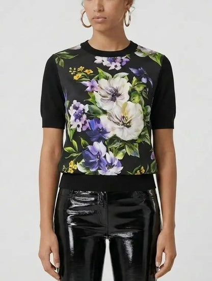 Floral Print Silk and Wool Knit Top - Tops
