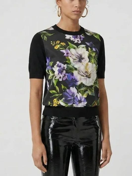 Floral Print Silk and Wool Knit Top - Tops