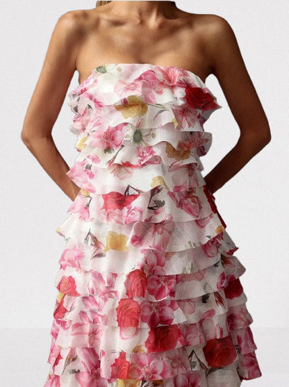 Floral Print Strapless Frill Tiered Maxi Dress - Dresses