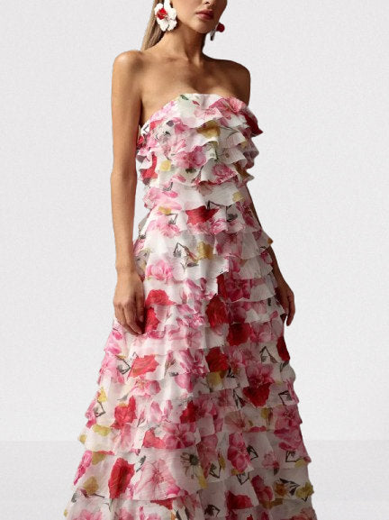 Floral Print Strapless Frill Tiered Maxi Dress - Dresses