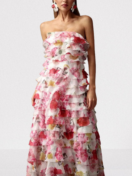 Floral Print Strapless Frill Tiered Maxi Dress - Dresses