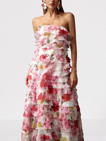 Floral Print Strapless Frill Tiered Maxi Dress - Dresses