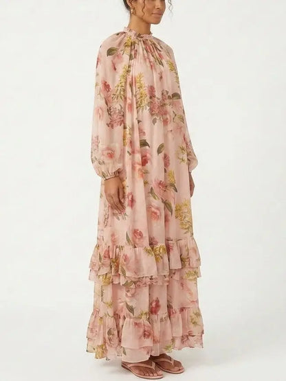 Floral Print Tiered Hem Maxi Dress - Dresses