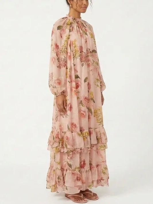 Floral Print Tiered Hem Maxi Dress - Dresses