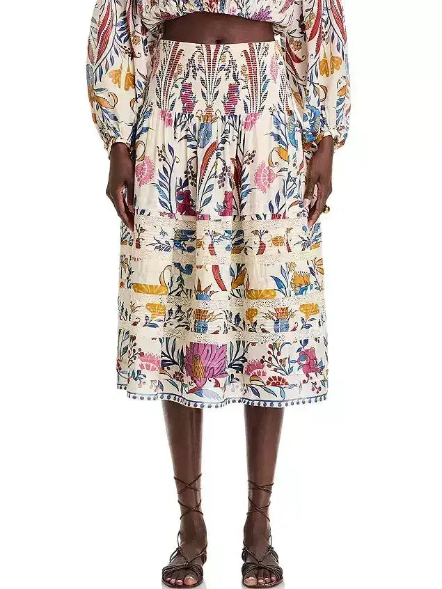 Floral Print Tiered Paneled Midi Skirt - Skirts
