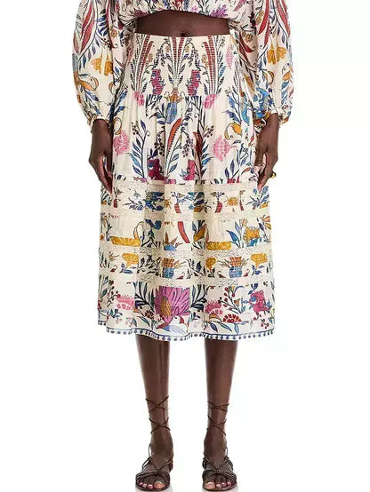 Floral Print Tiered Paneled Midi Skirt - Skirts