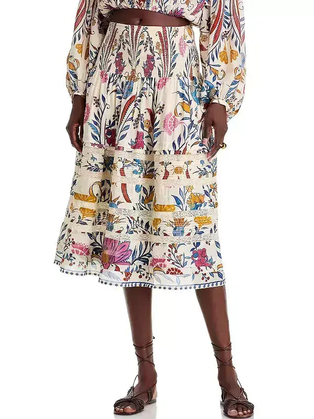 Floral Print Tiered Paneled Midi Skirt - Skirts