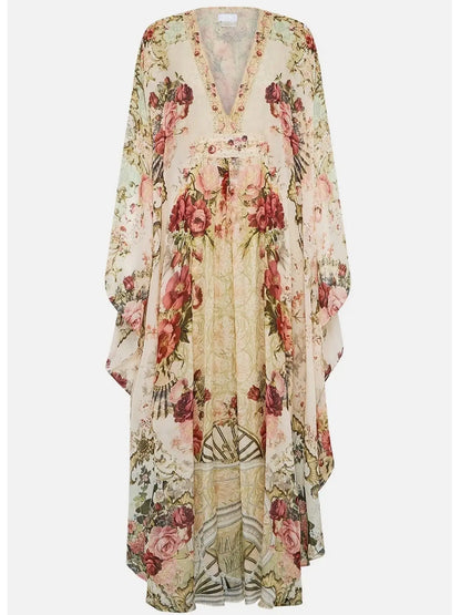 Floral Print V-Neck Kaftan Maxi Dress - Dresses