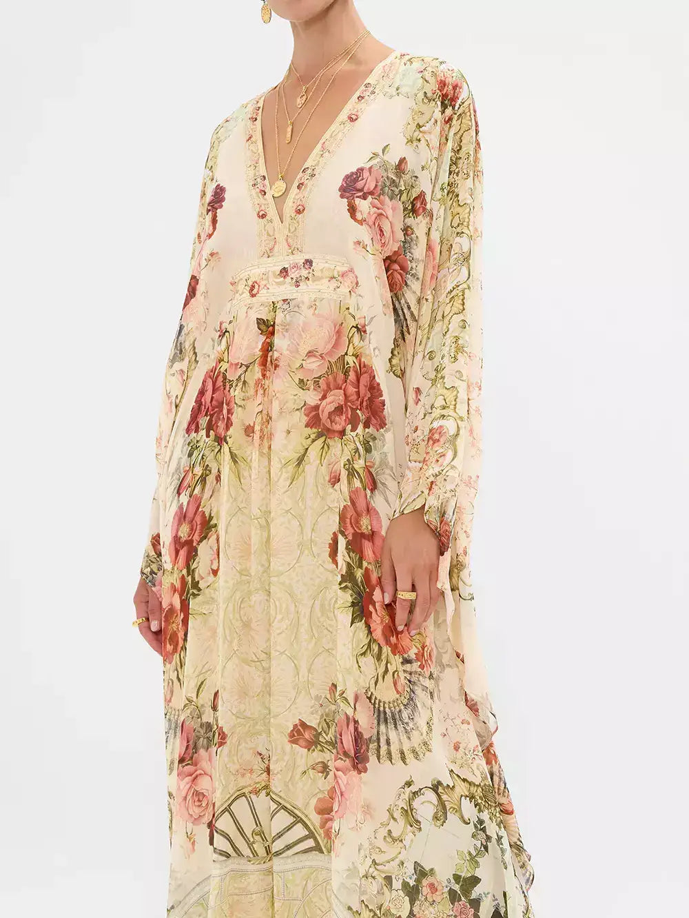 Floral Print V-Neck Kaftan Maxi Dress - Dresses