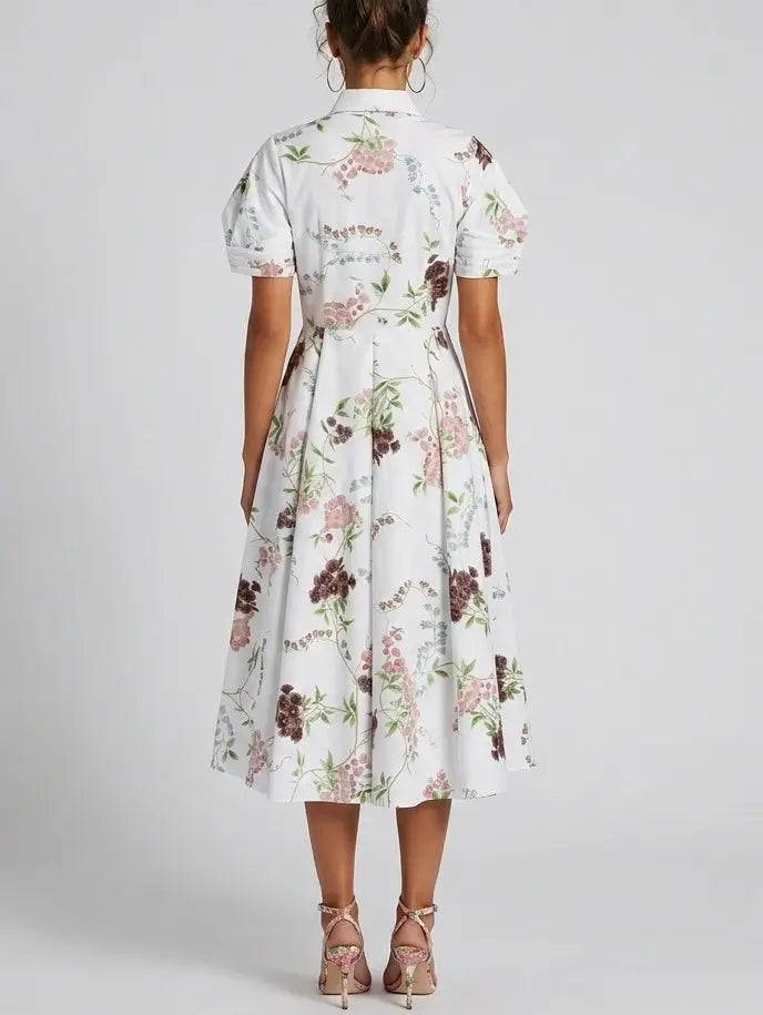 Floral Print White Cotton Midi Shirt Dress - Dresses