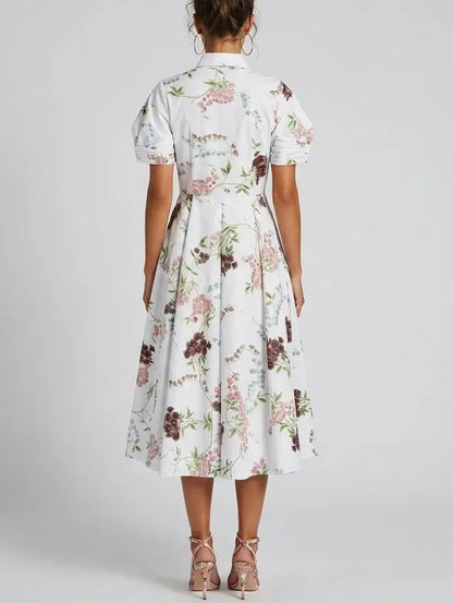 Floral Print White Cotton Midi Shirt Dress - Dresses