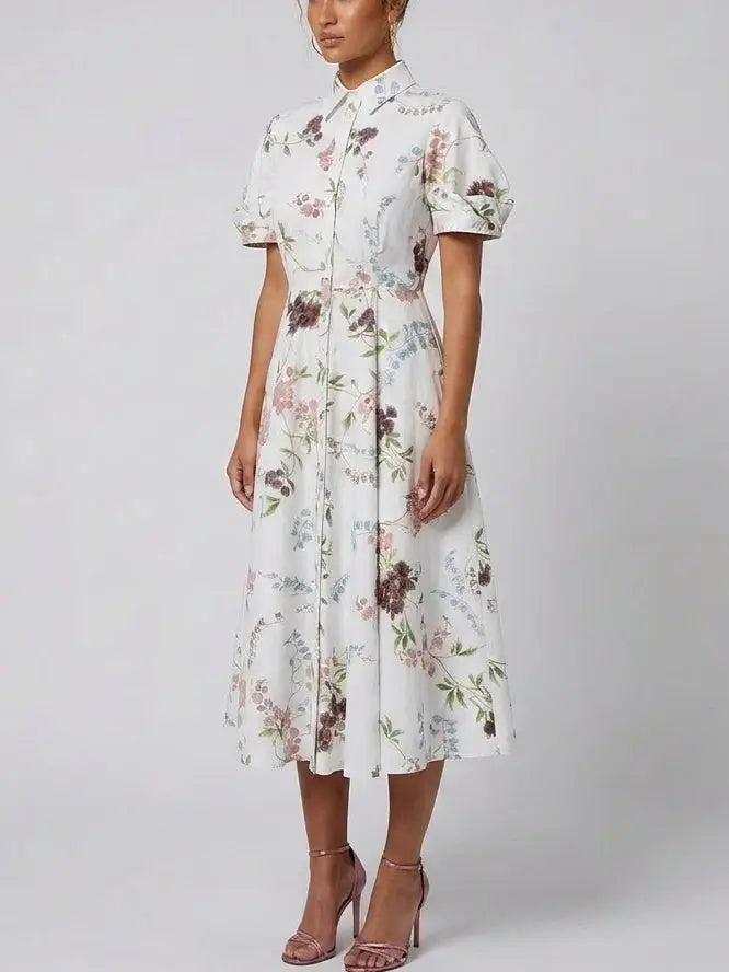 Floral Print White Cotton Midi Shirt Dress - Dresses