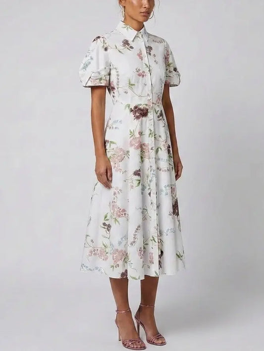 Floral Print White Cotton Midi Shirt Dress - Dresses
