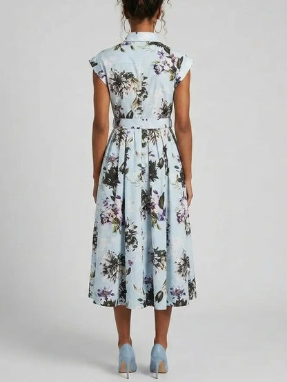 Floral Printed Midi Shirt Dress with Belt - Dresses