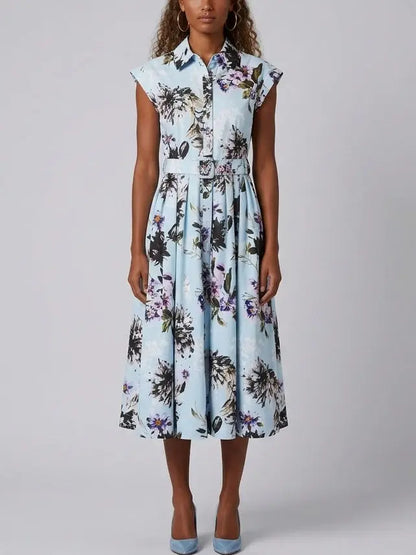Floral Printed Midi Shirt Dress with Belt - Dresses