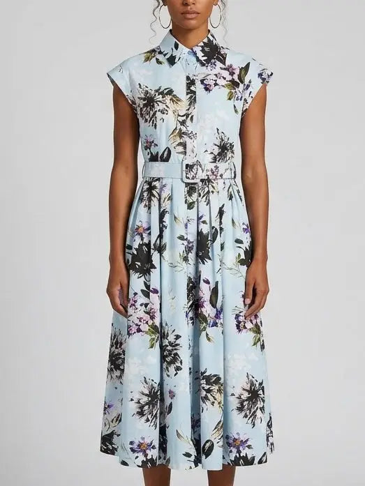 Floral Printed Midi Shirt Dress with Belt - Dresses