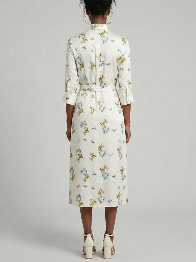 Floral Printed Silk Tie-Neck Shirt Dress - Dresses