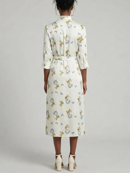 Floral Printed Silk Tie-Neck Shirt Dress - Dresses