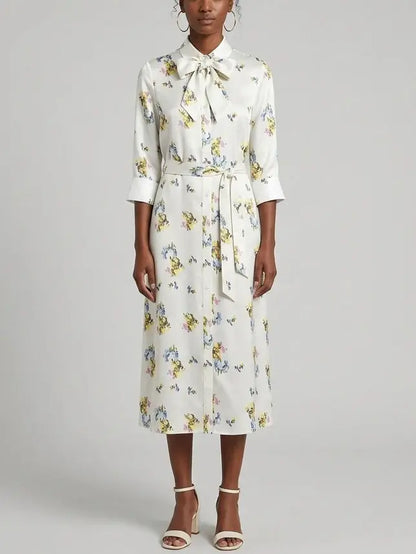 Floral Printed Silk Tie-Neck Shirt Dress - Dresses