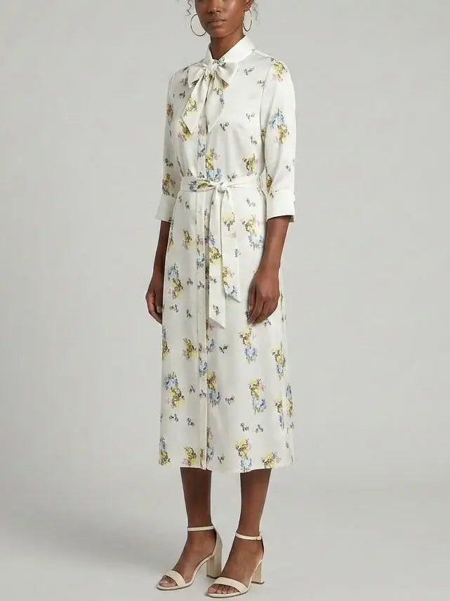 Floral Printed Silk Tie-Neck Shirt Dress - Dresses