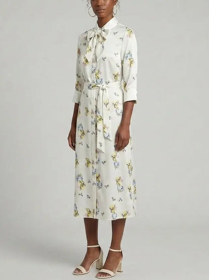Floral Printed Silk Tie-Neck Shirt Dress - Dresses