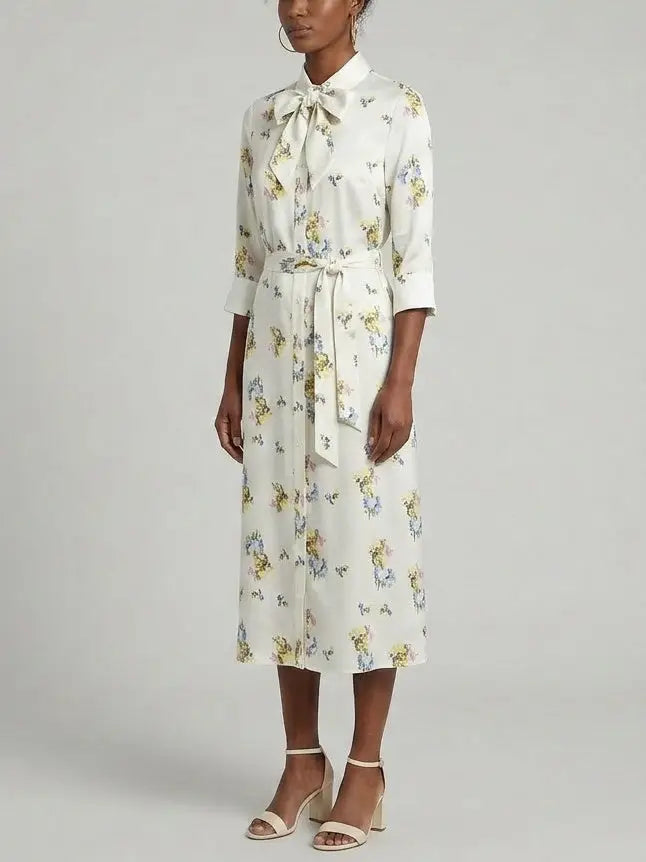 Floral Printed Silk Tie-Neck Shirt Dress - Dresses