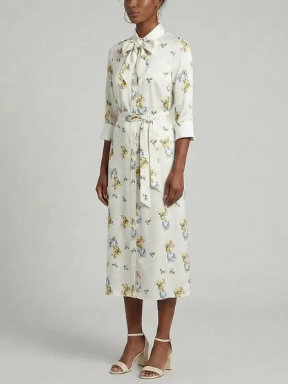 Floral Printed Silk Tie-Neck Shirt Dress - Dresses