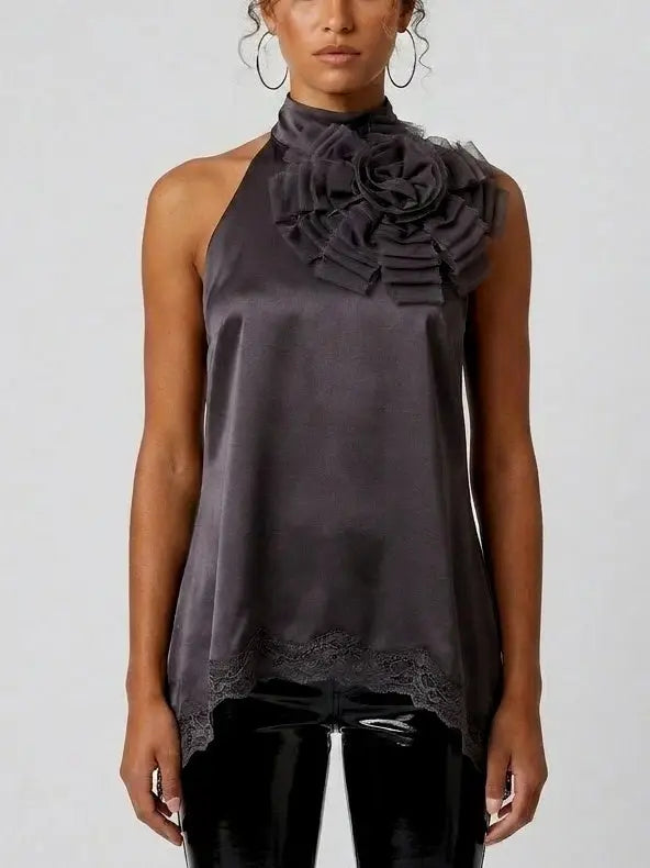 Blue Floral-Appliqué Short-Sleeve Cotton Shirt - Small / Dark Gray - Tops