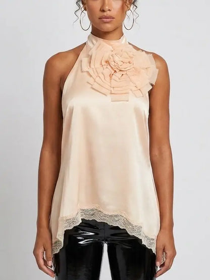 Blue Floral-Appliqué Short-Sleeve Cotton Shirt - Tops